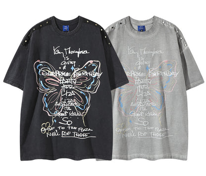 𝕃oose 𝔽it ☞𝟤𝟢𝟤𝟧 ☜美式復古炫彩蝴蝶印花風格男女中性 T-Shirt寬版上衣 RK99