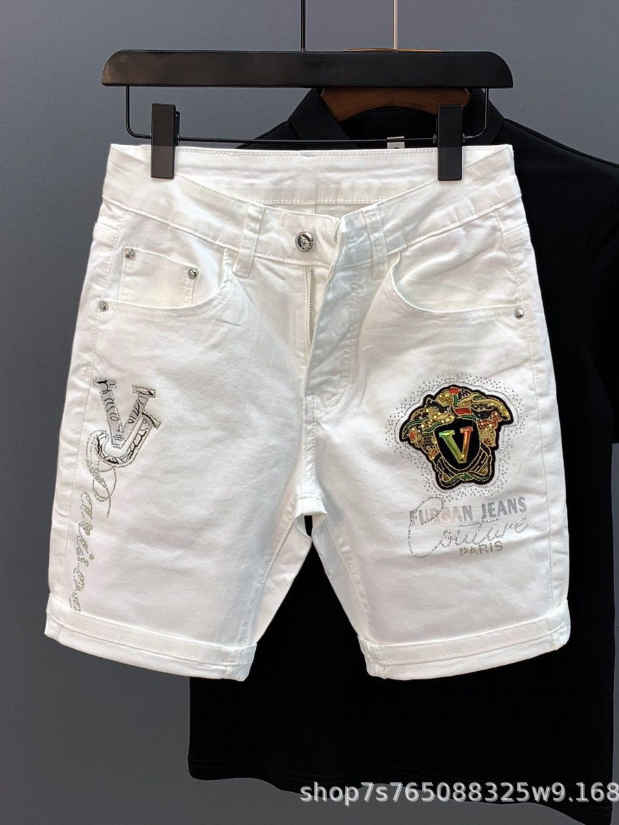 ♜  𝔽𝕦𝕤𝕚𝕠𝕟 𝔽𝕠𝕔𝕦𝕤  𖥟 𝖏𝖊𝖆𝖓𝖘  ☞ 夏季薄款個性刺绣烫鑽牛仔短褲男士高街休閒彈力修身五分褲 Bs-15
