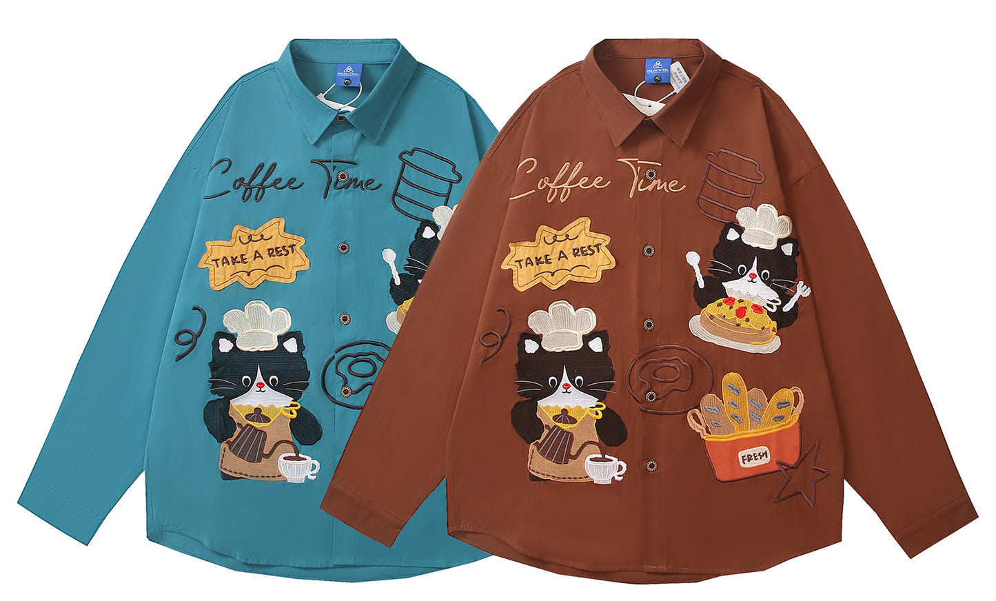 𝔼mbro 𝕊hirt𒉽2025秋冬復古小貓重工刺繡長袖襯衫C-01