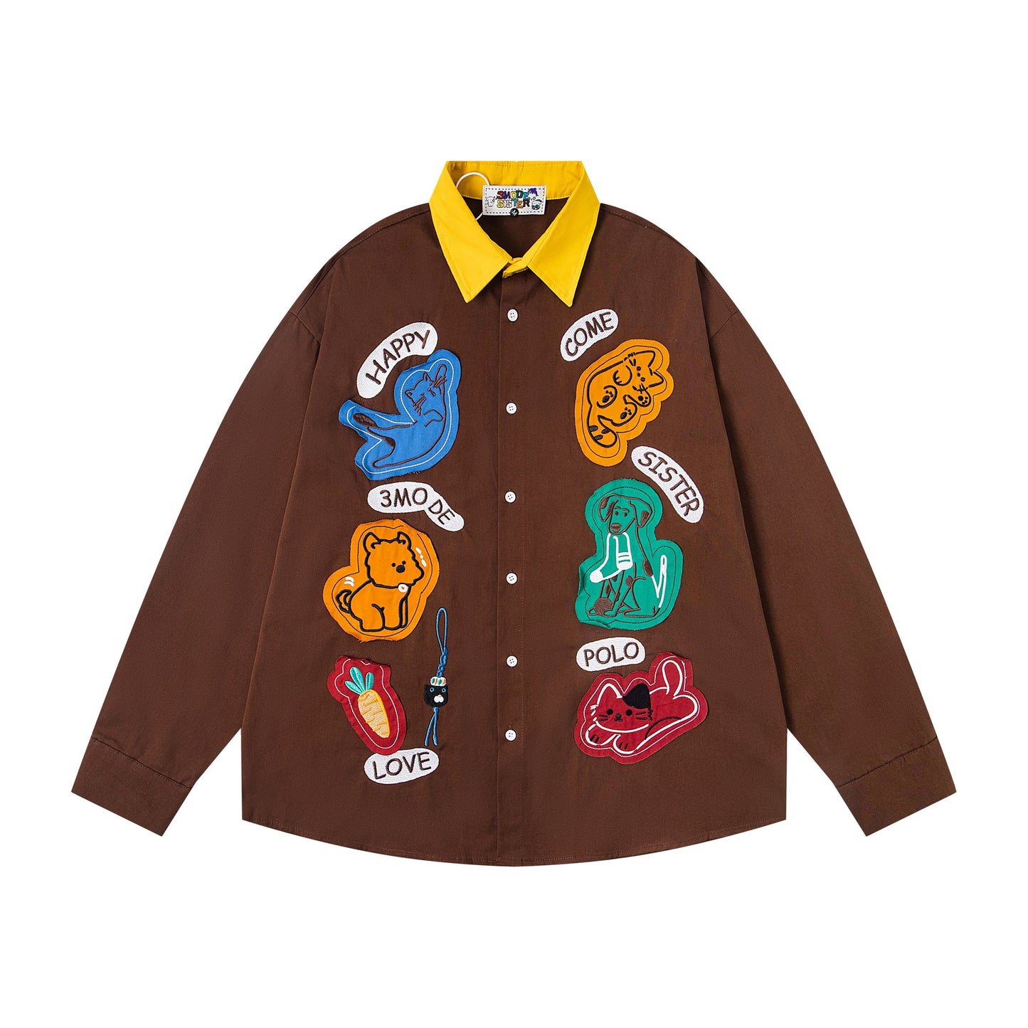 𝔼mbro 𝕊hirt𒉽2025秋冬撞色趣味貼布繡寬鬆襯衫MO-99