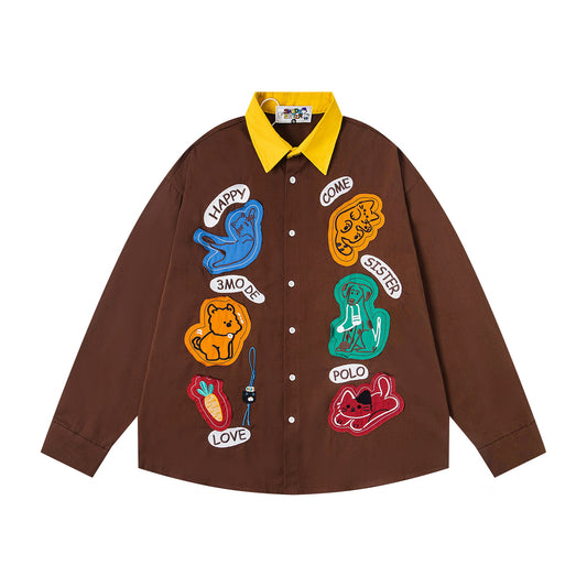 𝔼mbro 𝕊hirt𒉽2025秋冬撞色趣味貼布繡寬鬆襯衫MO-99