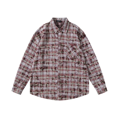 𝔼mbro 𝕊hirt𒉽2025秋冬復古扎染格子寬鬆襯衫外套JD-4