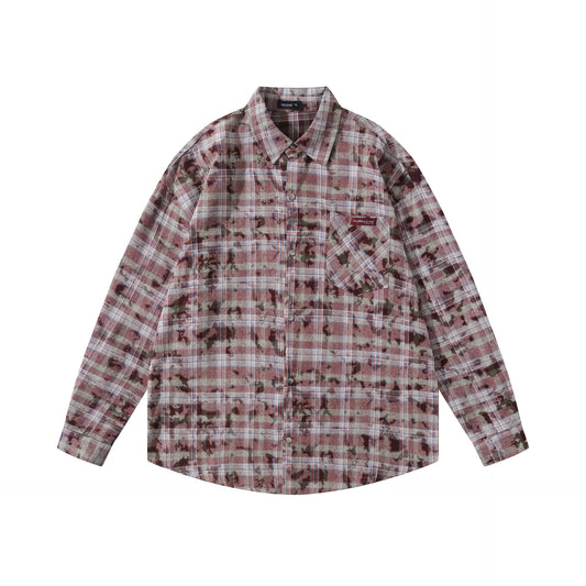 𝔼mbro 𝕊hirt𒉽2025秋冬復古扎染格子寬鬆襯衫外套JD-4