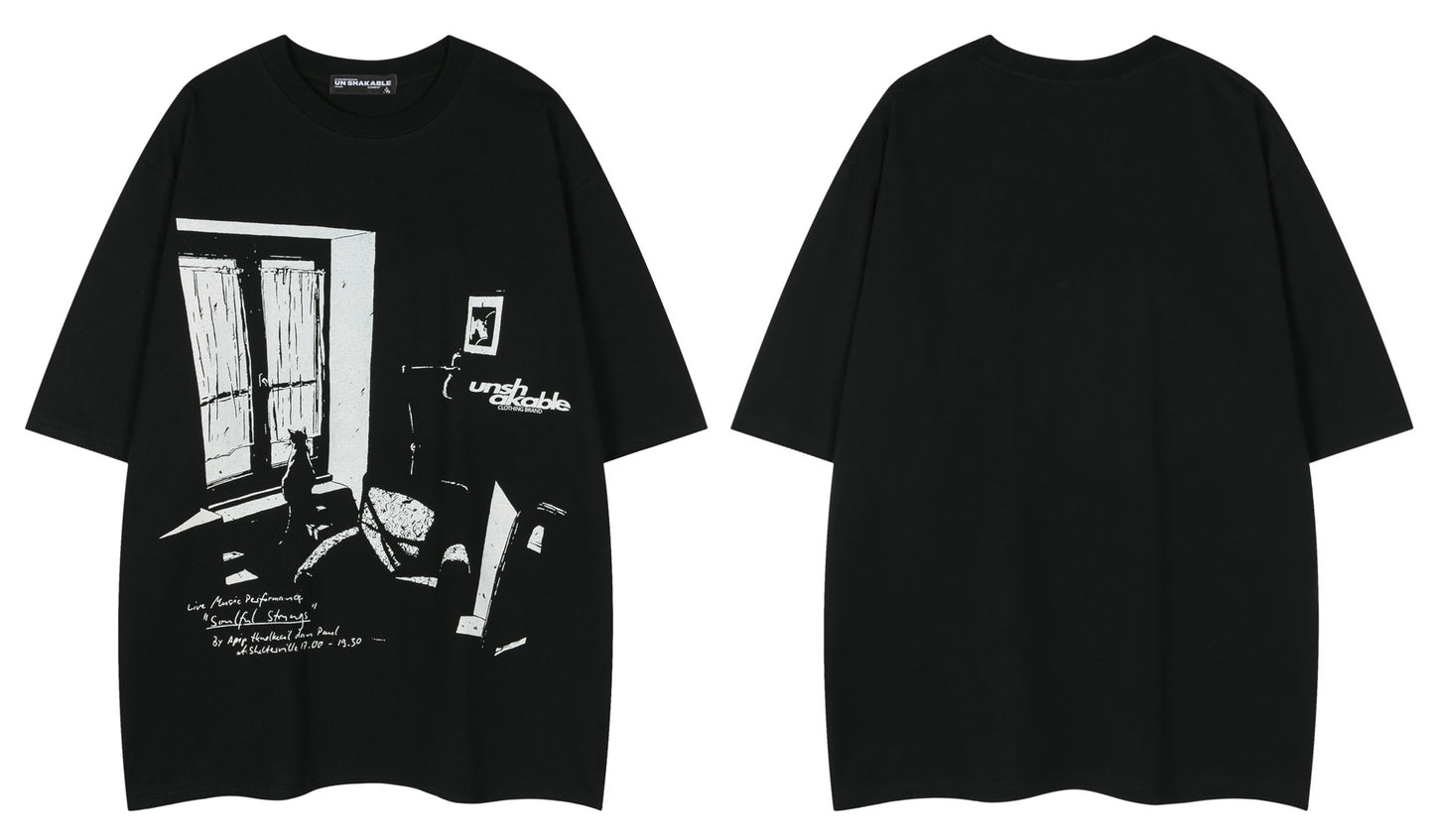 𝕃oose 𝔽it ☞𝟤𝟢𝟤𝟧 ☜美式復古孤獨小貓印花男女中性 T-Shirt寬版上衣 SR-71