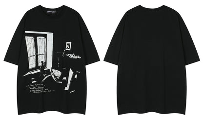 𝕃oose 𝔽it ☞𝟤𝟢𝟤𝟧 ☜美式復古孤獨小貓印花男女中性 T-Shirt寬版上衣 SR-71