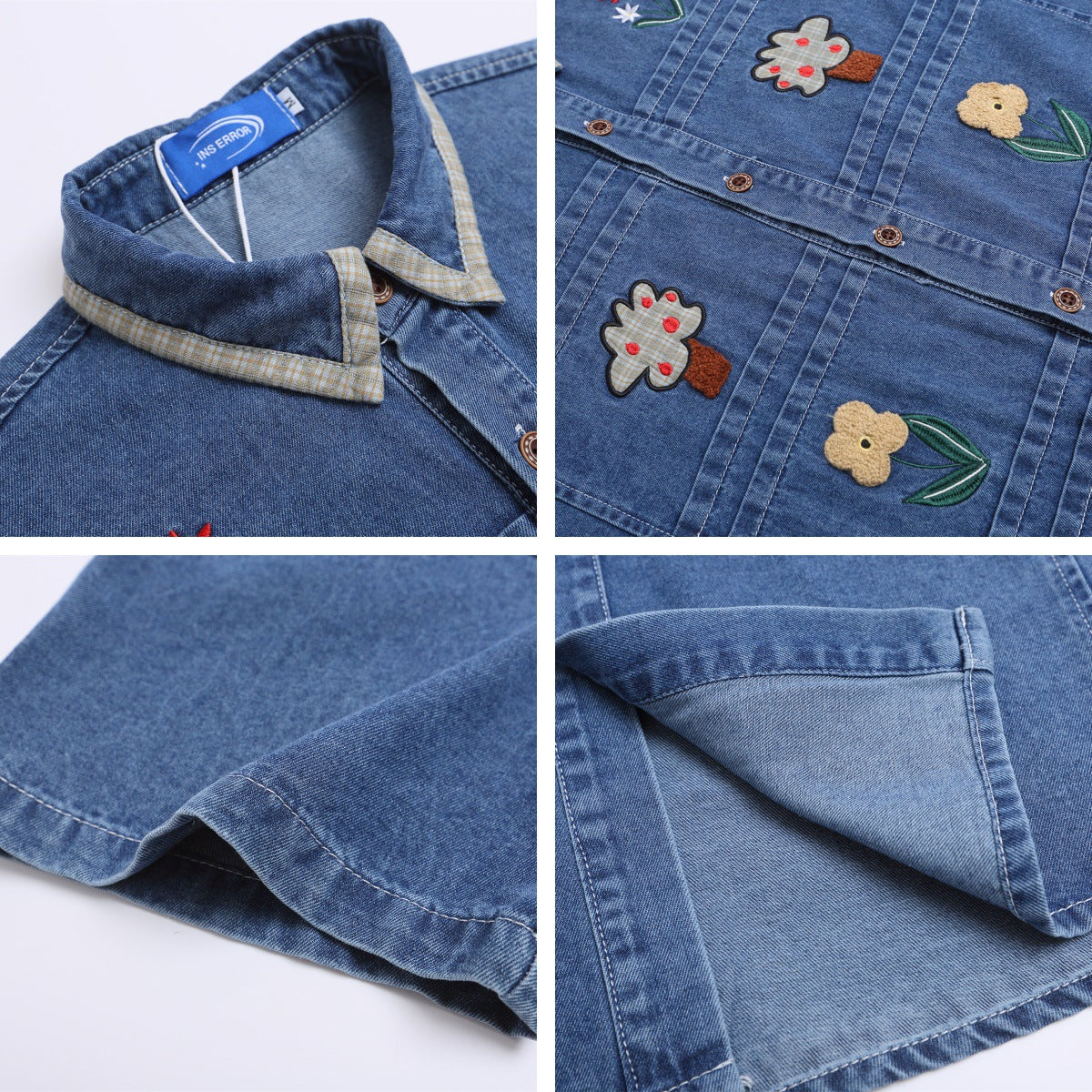 𝔼mbro 𝕊hirt𒉽美式復古經典小花圖刺繡牛仔寬鬆短袖襯衫外套