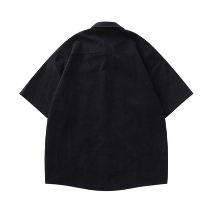 𝔼mbro 𝕊hirt𒉽美式復古刺繡玫瑰花燈芯絨短袖寬鬆襯衫P-12