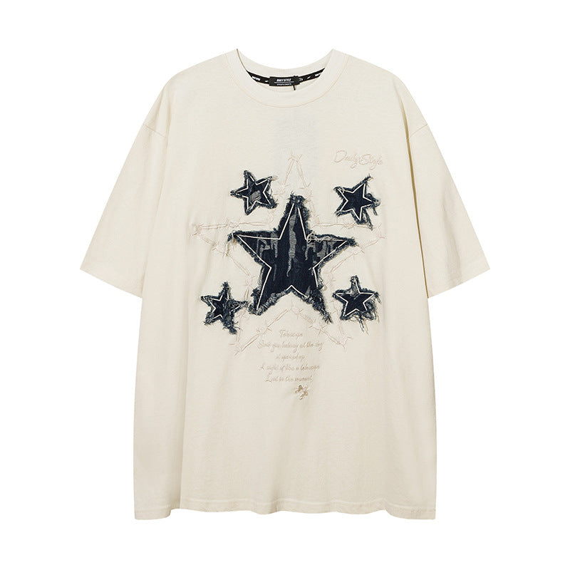 𝕃oose 𝔽it ☞𝟤𝟢𝟤𝟧 ☜美式復古荊棘星星牛仔貼布圓領男女中性 T-Shirt寬版上衣 D-X211