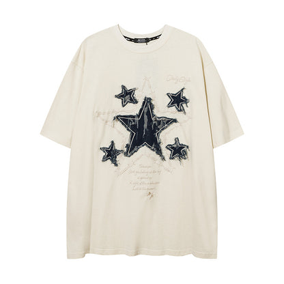 𝕃oose 𝔽it ☞𝟤𝟢𝟤𝟧 ☜美式復古荊棘星星牛仔貼布圓領男女中性 T-Shirt寬版上衣 D-X211