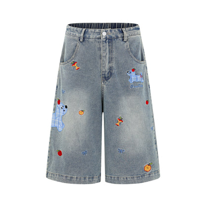 𖥟𝕽𝖊𝖑𝖆𝖝𝖊𝖉 𝖋𝖎𝖙  ☞美式復古小狗刺繡牛仔七分褲C-2