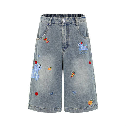 𖥟𝕽𝖊𝖑𝖆𝖝𝖊𝖉 𝖋𝖎𝖙  ☞美式復古小狗刺繡牛仔七分褲C-2