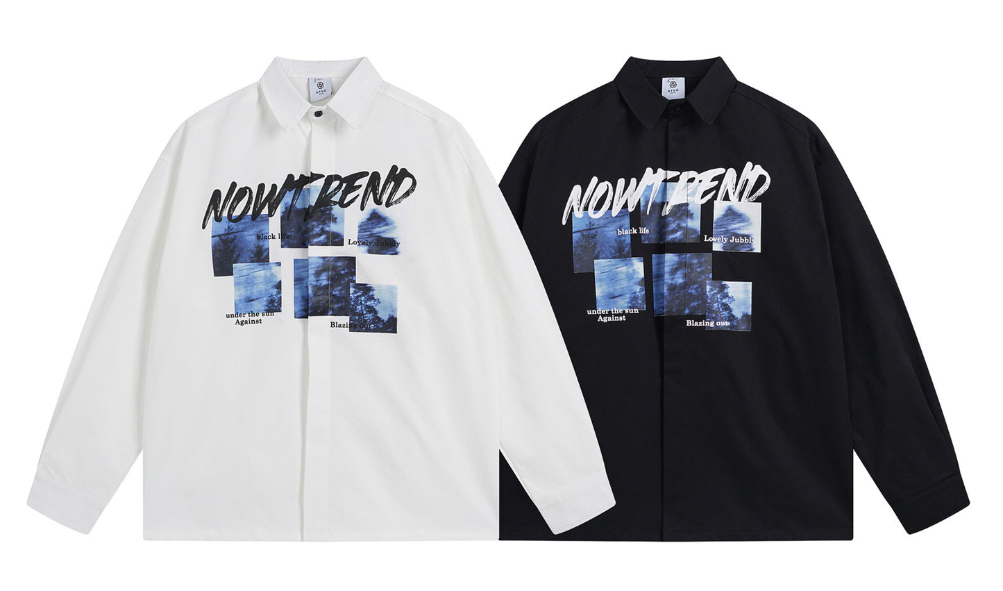 𝔼mbro 𝕊hirt𒉽秋冬長袖復古印花寬鬆襯衫N-4