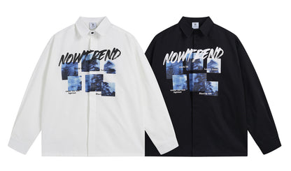 𝔼mbro 𝕊hirt𒉽秋冬長袖復古印花寬鬆襯衫N-4