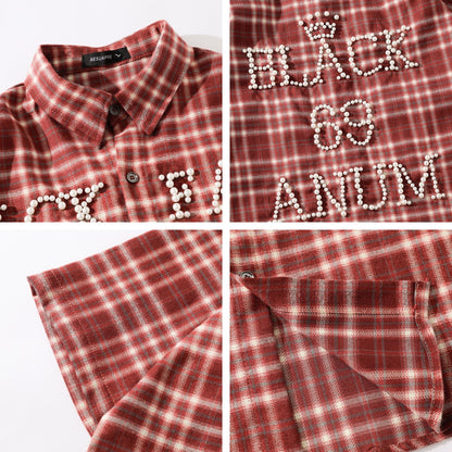 𝕃oose 𝔽it ☞𝟤𝟢𝟤𝟧 ☜美式復古字母珍珠感格子寬鬆襯衫 J-4