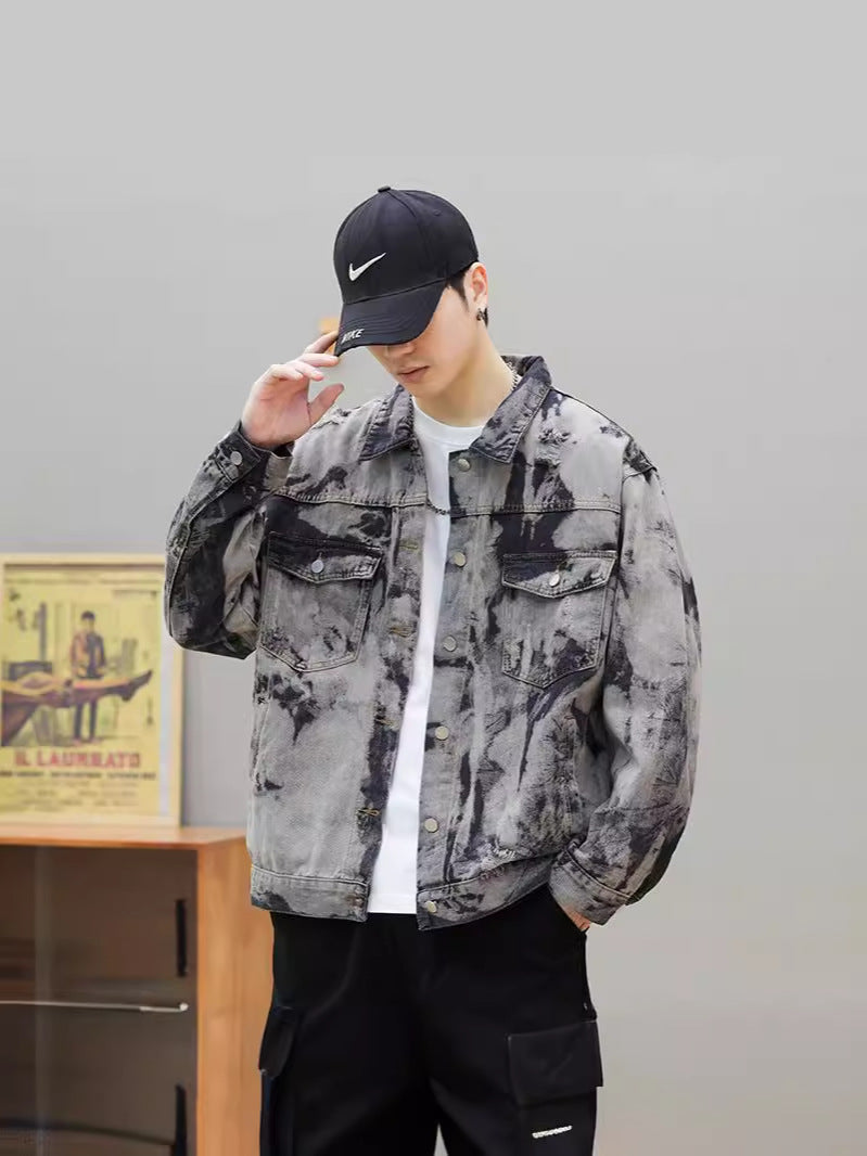 snɔoɟ uoı̣snɟ  -  美式vibe風水洗做舊紮染牛仔夾克男女高街痞帥寬鬆外套 Bc-004
