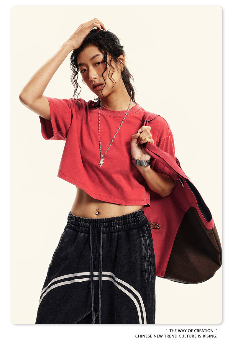 Fierce & Fitted 夏季美式復古做舊辣妹短款T袖N-6 水洗紅