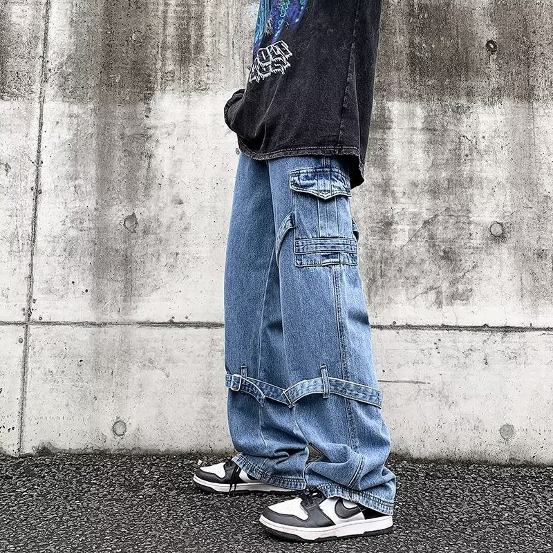 ♜  𝔽𝕦𝕤𝕚𝕠𝕟 𝔽𝕠𝕔𝕦𝕤  𖥟 𝖏𝖊𝖆𝖓𝖘  ☞新款藍色牛仔褲時尚寬鬆休閒褲潮流褲腳拉鏈設計直筒褲 D-103