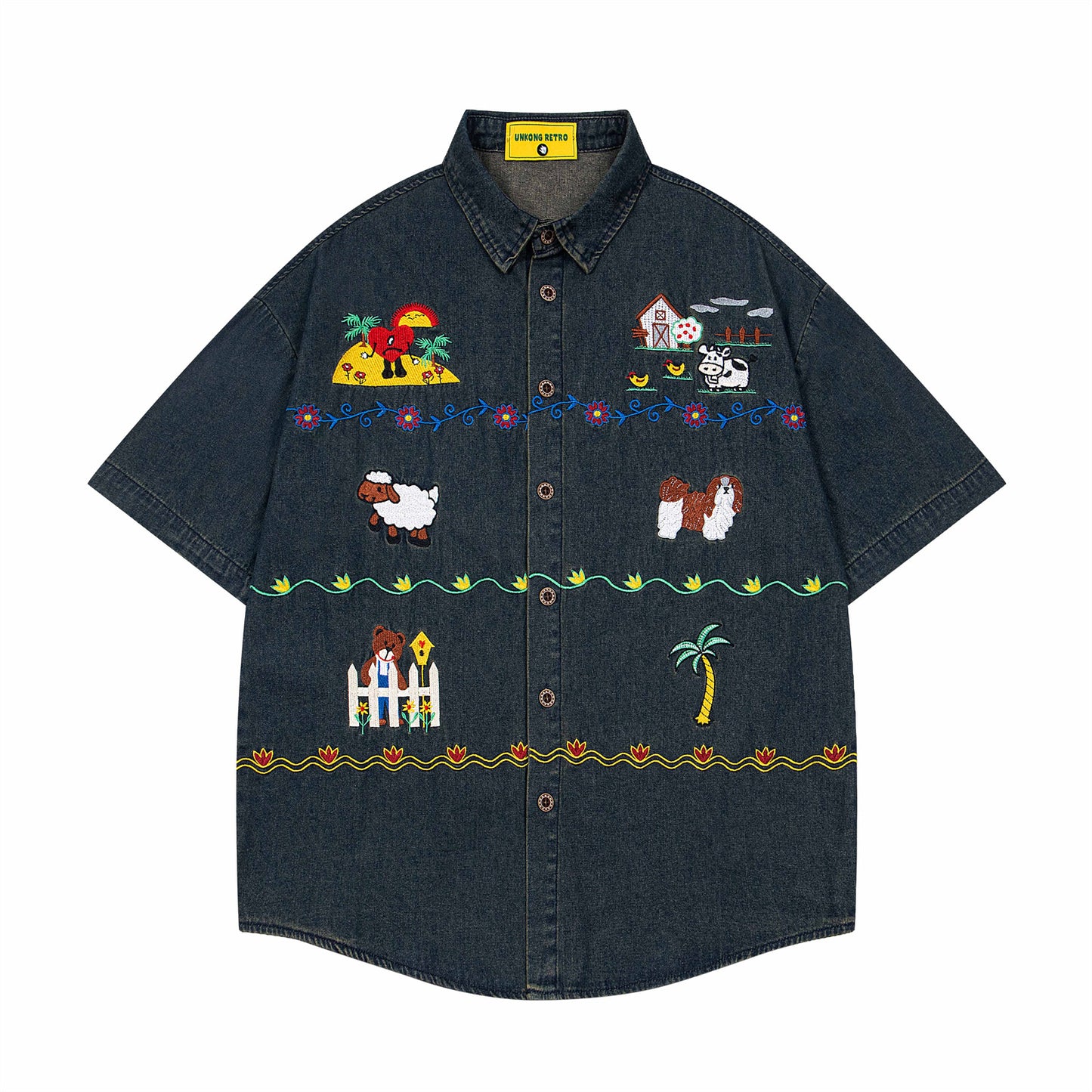 𝔼mbro 𝕊hirt𒉽美式復古趣味刺繡短袖牛仔襯衫外套 (深藍)