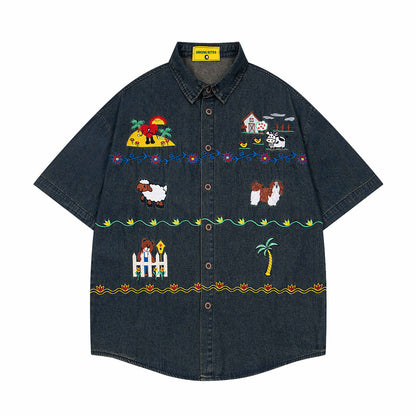 𝔼mbro 𝕊hirt𒉽美式復古趣味刺繡短袖牛仔襯衫外套 (深藍)