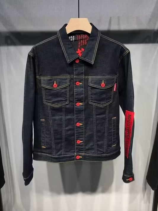 snɔoɟ uoı̣snɟ - 復古織帶牛仔夾克男女潮牌街頭寬鬆休閒百搭情侣外套 Bc-001