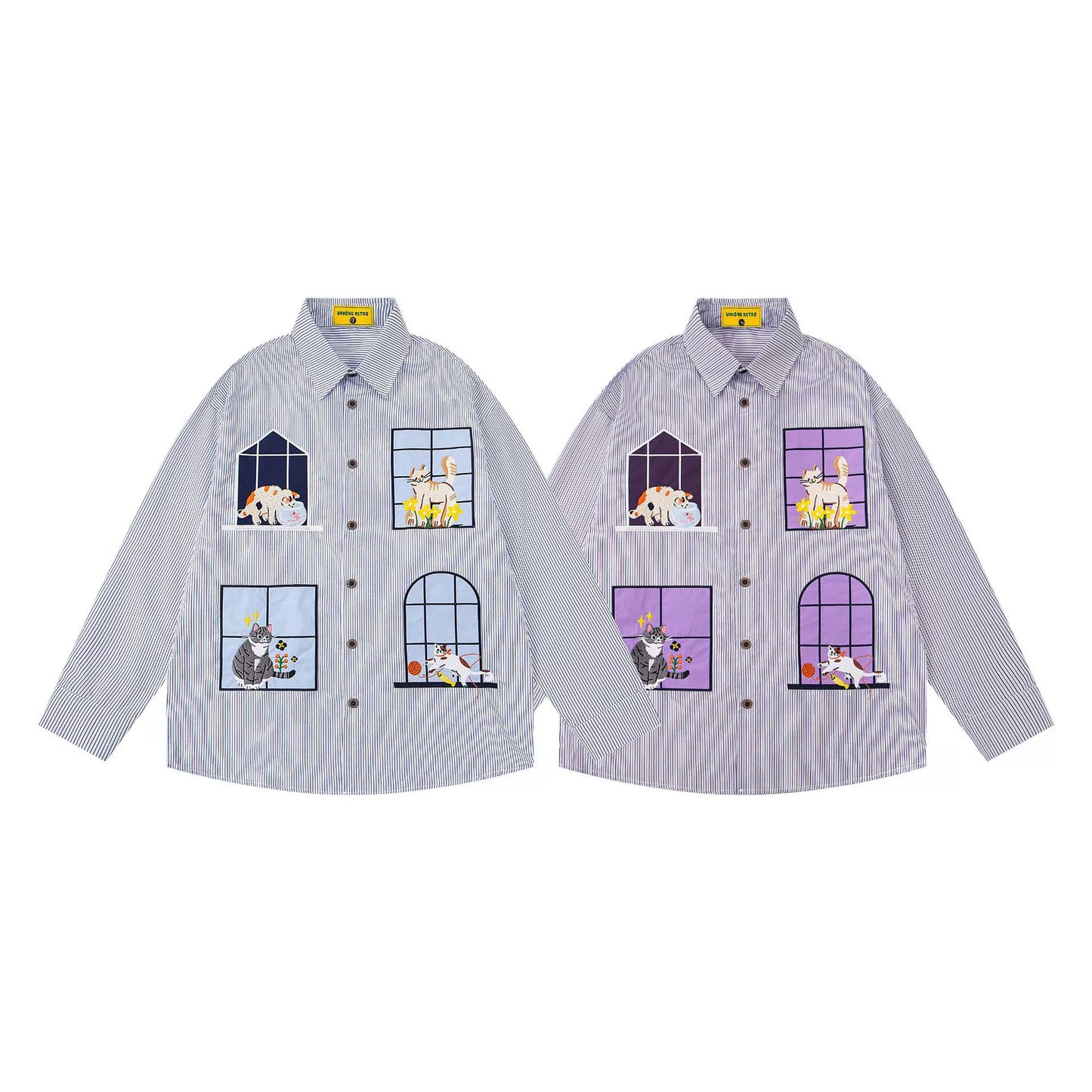 𝔼mbro 𝕊hirt𒉽2025秋冬小貓圖案刺繡條紋襯衫N-46