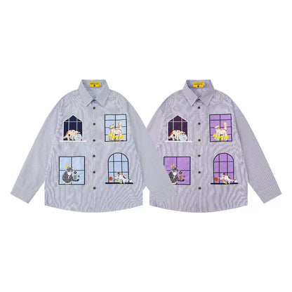 𝔼mbro 𝕊hirt𒉽2025秋冬小貓圖案刺繡條紋襯衫N-46