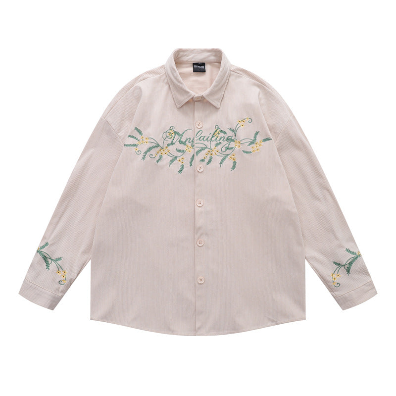 𝔼mbro 𝕊hirt𒉽秋冬復古刺花卉燈芯絨休閒襯衫YD-5