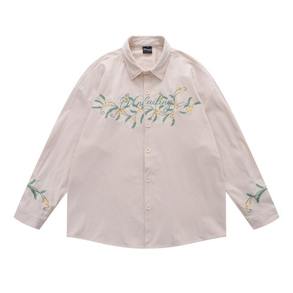 𝔼mbro 𝕊hirt𒉽秋冬復古刺花卉燈芯絨休閒襯衫YD-5