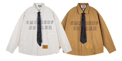 𝔼mbro 𝕊hirt𒉽2025秋冬領帶系列字母刺繡格子寬鬆襯MO-00