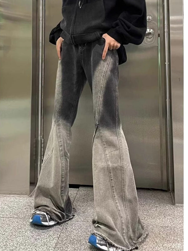 ♜  𝔽𝕦𝕤𝕚𝕠𝕟 𝔽𝕠𝕔𝕦𝕤  𖥟 𝖏𝖊𝖆𝖓𝖘  ☞  美式高街黑灰漸變牛仔褲潮牌春秋高級感拼接寬鬆微喇叭高街拖地長褲 B-22