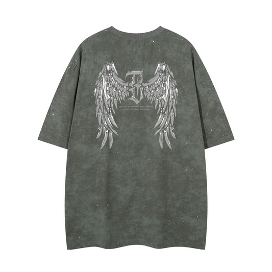 𝕃oose 𝔽it ☞𝟤𝟢𝟤𝟧 ☜美式復古設計感滿天星翅膀風格男女中性 T-Shirt寬版上衣 JK102