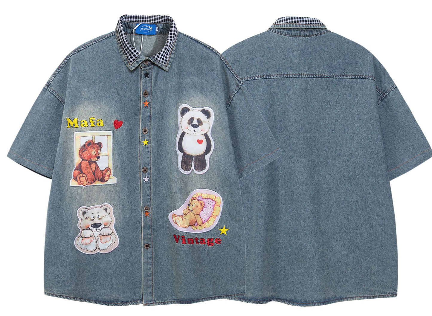 𝔼mbro 𝕊hirt𒉽美式復古拼接卡通印花短袖牛仔百搭寬鬆襯衫外套 IN609