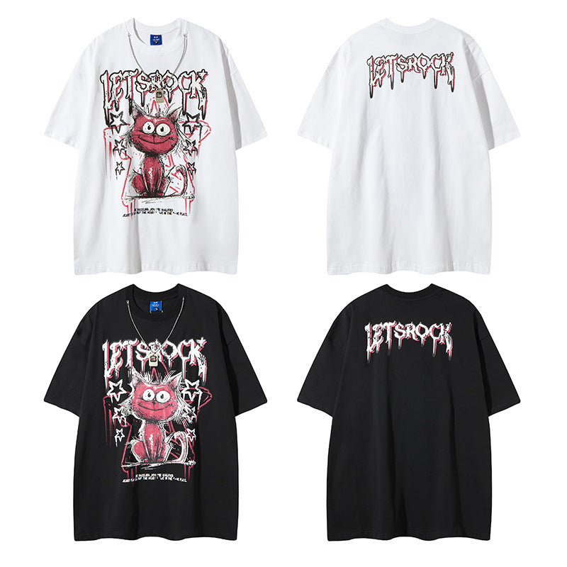 𝕃oose 𝔽it ☞𝟤𝟢𝟤𝟧 ☜美式復古趣味貓咪塗鴉印花風格男女中性 T-Shirt寬版上衣 RK83