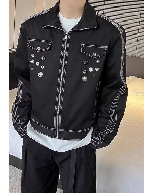 snɔoɟ uoı̣snɟ -  美式夾克男女中性風不規則設計感纽扣裝飾百搭寬鬆情侣休閒短外套 Bc-002