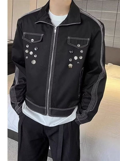 snɔoɟ uoı̣snɟ -  美式夾克男女中性風不規則設計感纽扣裝飾百搭寬鬆情侣休閒短外套 Bc-002