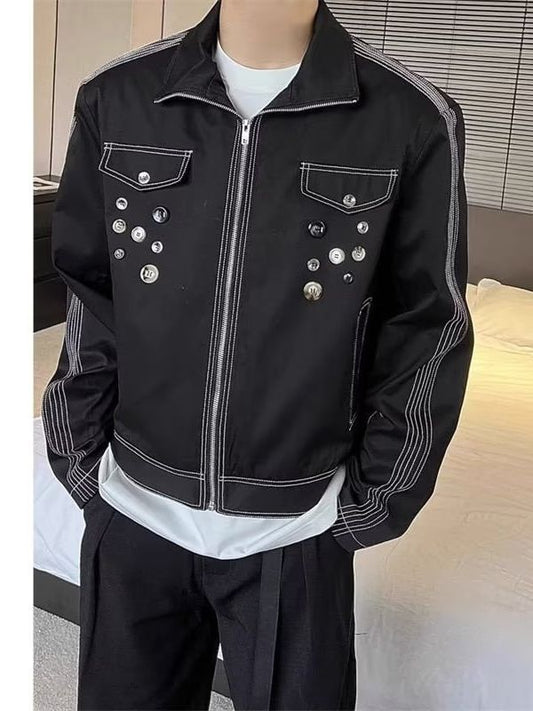 snɔoɟ uoı̣snɟ -  美式夾克男女中性風不規則設計感纽扣裝飾百搭寬鬆情侣休閒短外套 Bc-002