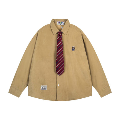 𝔼mbro 𝕊hirt𒉽2025秋冬領帶系列小熊刺繡格子寬鬆襯MO-18