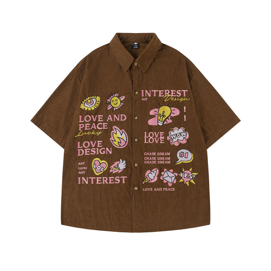 𝔼mbro 𝕊hirt𒉽美式復古趣味圖案燈芯絨短袖寬鬆襯衫 R-083