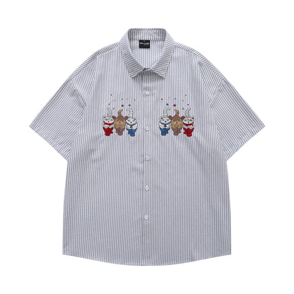 𝔼mbro 𝕊hirt𒉽日式復古可愛貓咪刺繡短袖百搭休閒襯衫 (灰色)