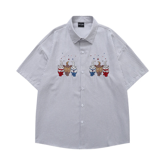 𝔼mbro 𝕊hirt𒉽日式復古可愛貓咪刺繡短袖百搭休閒襯衫 (灰色)