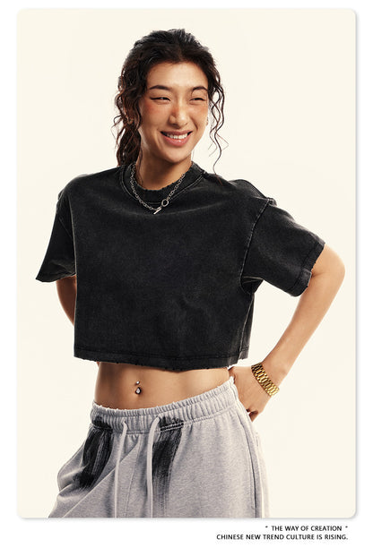 Fierce & Fitted 夏季美式復古做舊辣妹短款T袖N-6 水洗黑