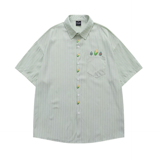 𝔼mbro 𝕊hirt𒉽美式復古玉米刺繡短袖寬鬆襯衫Y00