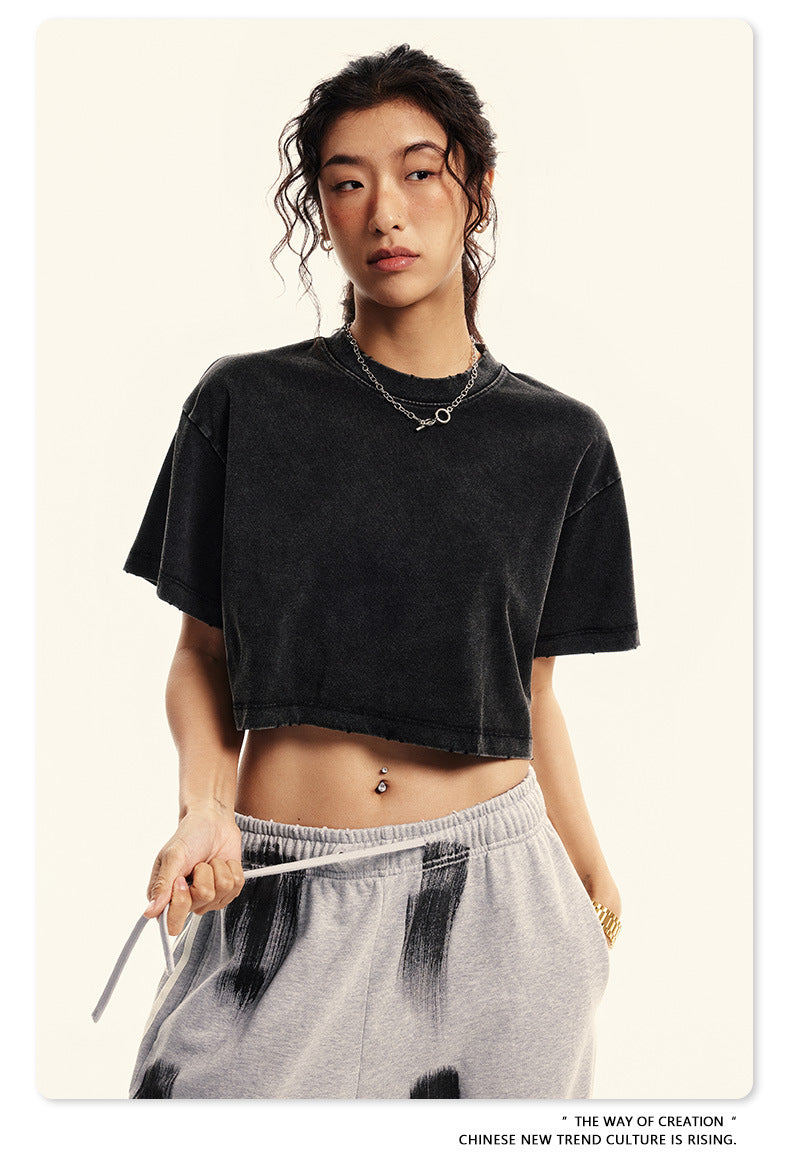 Fierce & Fitted 夏季美式復古做舊辣妹短款T袖N-6 水洗黑