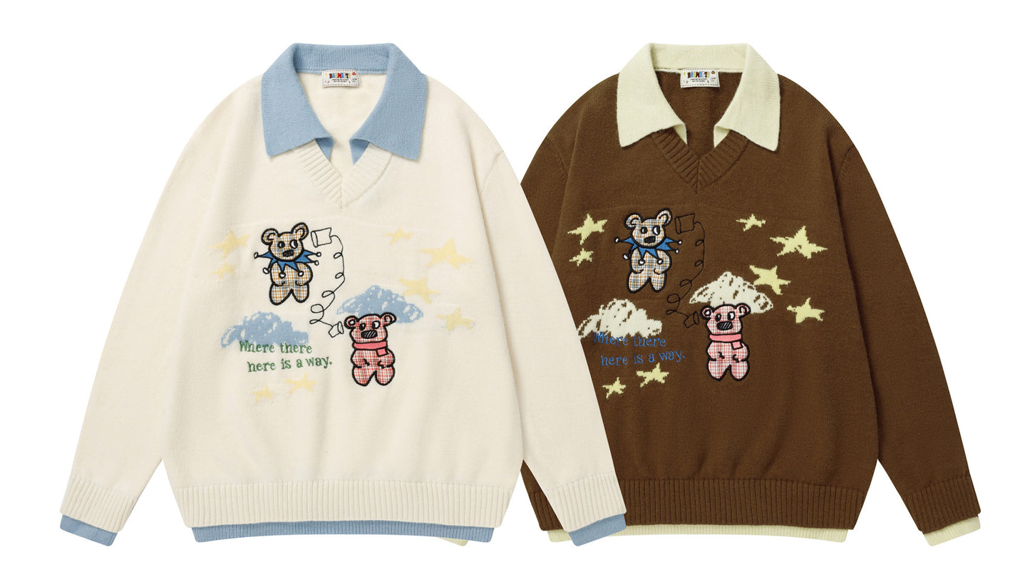 ⓀⓃⒾⓉ𒉽2025秋冬復古撞色慵懶小熊翻領針織 M-16