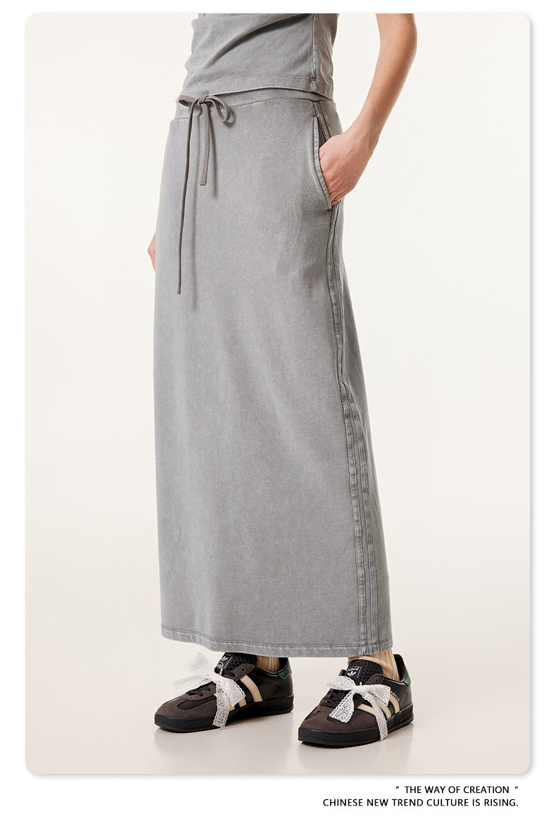 Fierce & Fitted 夏季辣妹必備INS緊身短款上衣 收腰直筒長裙套裝N-7 淺灰色