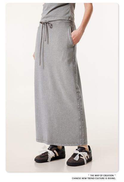 Fierce & Fitted 夏季辣妹必備INS緊身短款上衣 收腰直筒長裙套裝N-7 淺灰色