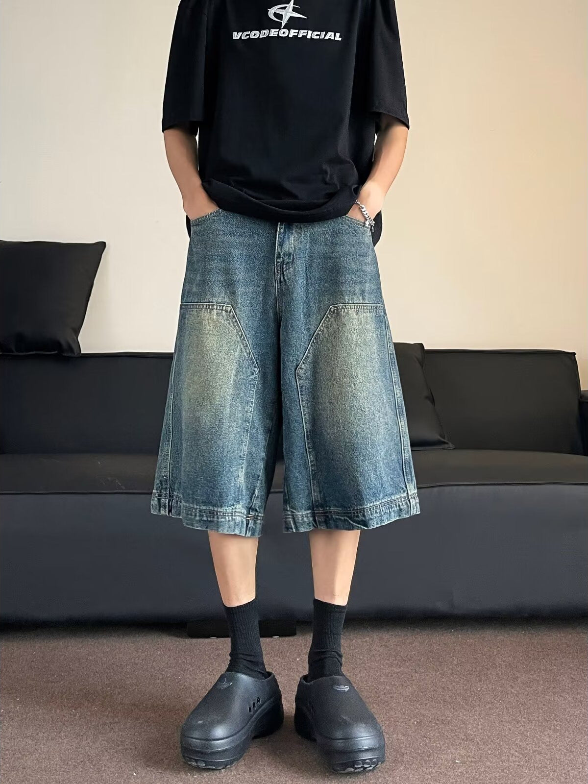 ♜  𝔽𝕦𝕤𝕚𝕠𝕟 𝔽𝕠𝕔𝕦𝕤  𖥟 𝖏𝖊𝖆𝖓𝖘  ☞  美式復古水洗高街牛仔短褲男女直筒闊腿做舊休閒百搭七分褲 Bs-16