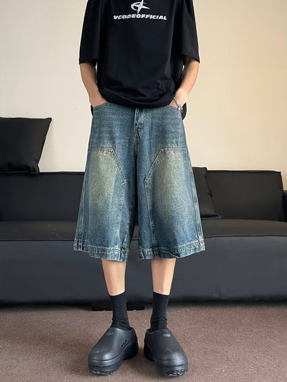 ♜  𝔽𝕦𝕤𝕚𝕠𝕟 𝔽𝕠𝕔𝕦𝕤  𖥟 𝖏𝖊𝖆𝖓𝖘  ☞  美式復古水洗高街牛仔短褲男女直筒闊腿做舊休閒百搭七分褲 Bs-16