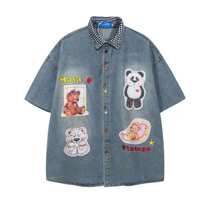 𝔼mbro 𝕊hirt𒉽美式復古拼接卡通印花短袖牛仔百搭寬鬆襯衫外套 IN609