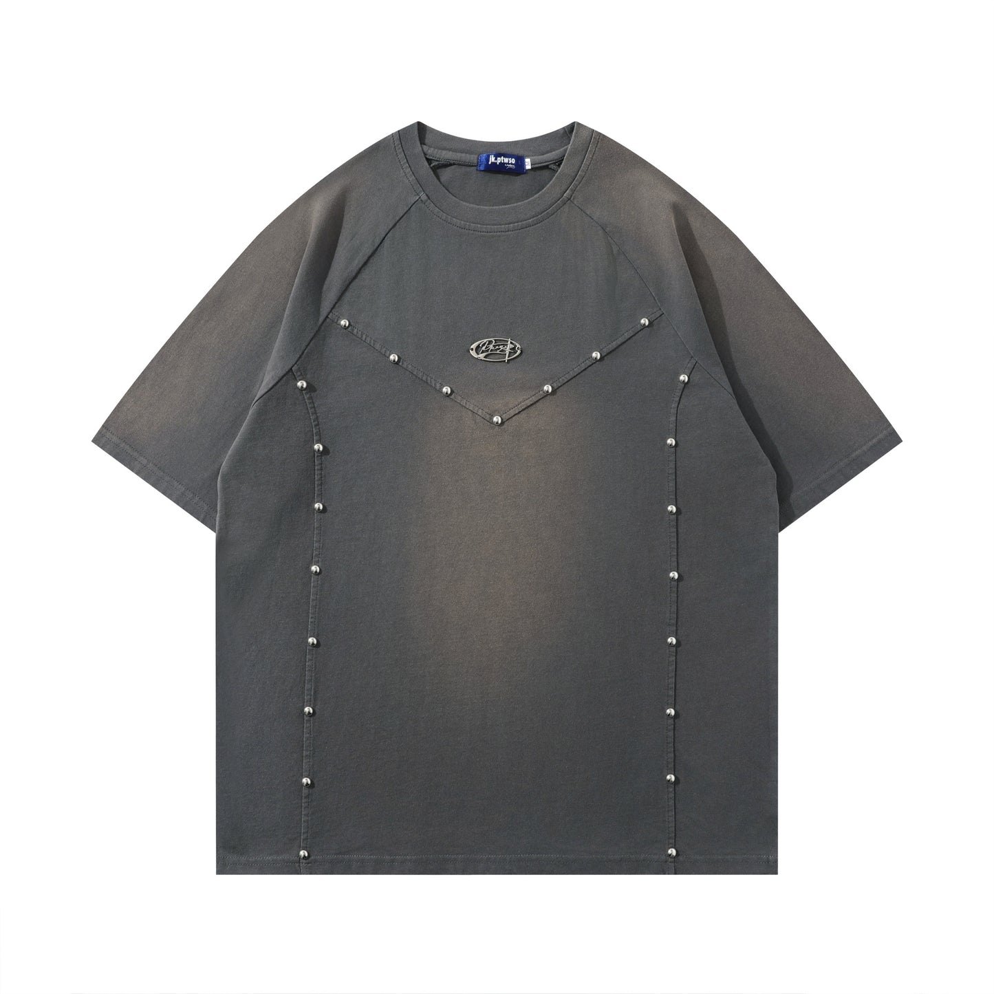 𝕃oose 𝔽it ☞𝟤𝟢𝟤𝟧 ☜美式復古拼接鉚釘圓領男女中性 T-Shirt寬版上衣J-5